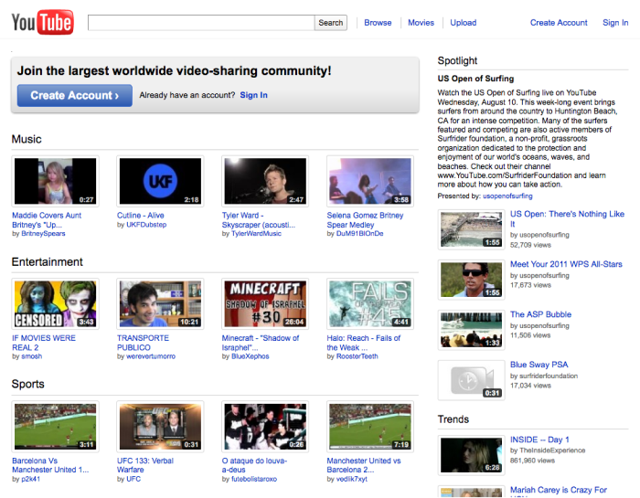 YouTube home page in 2011